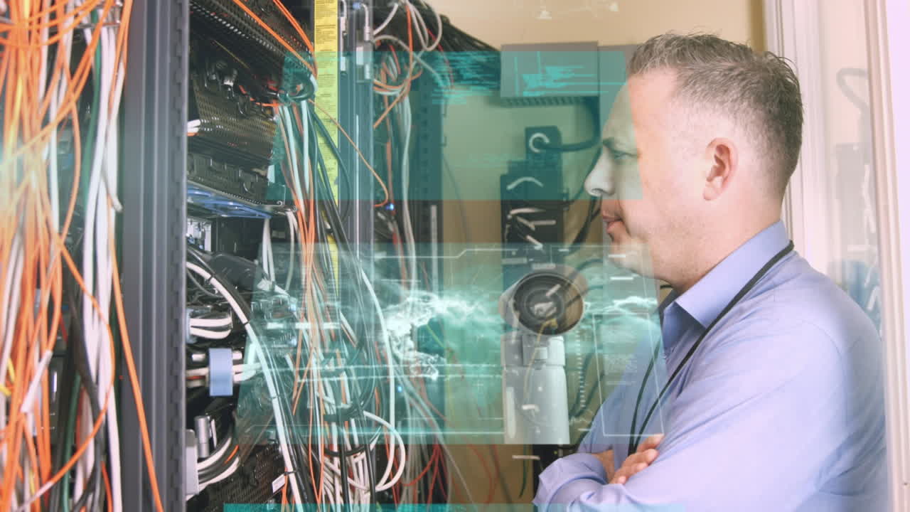 анимация обработки данных над кавказским человеком в серверной комнате