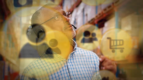 animation of a man working in a warehouse and using a headset with people icons