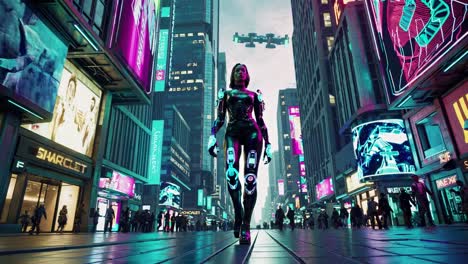 una mujer cyberpunk en una ciudad futurista.