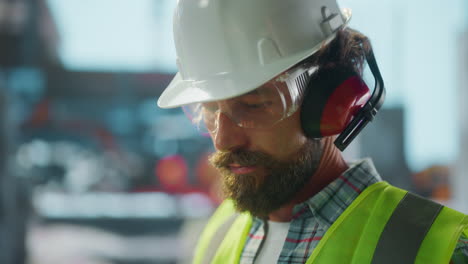 close-up of a construction worker wearing safety gear