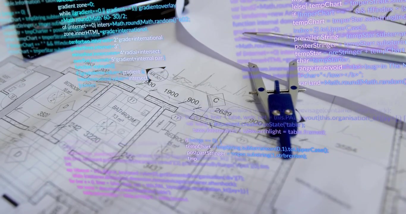 Drafting compass and blueprint, code overlay emerging and shifting showing digital layering