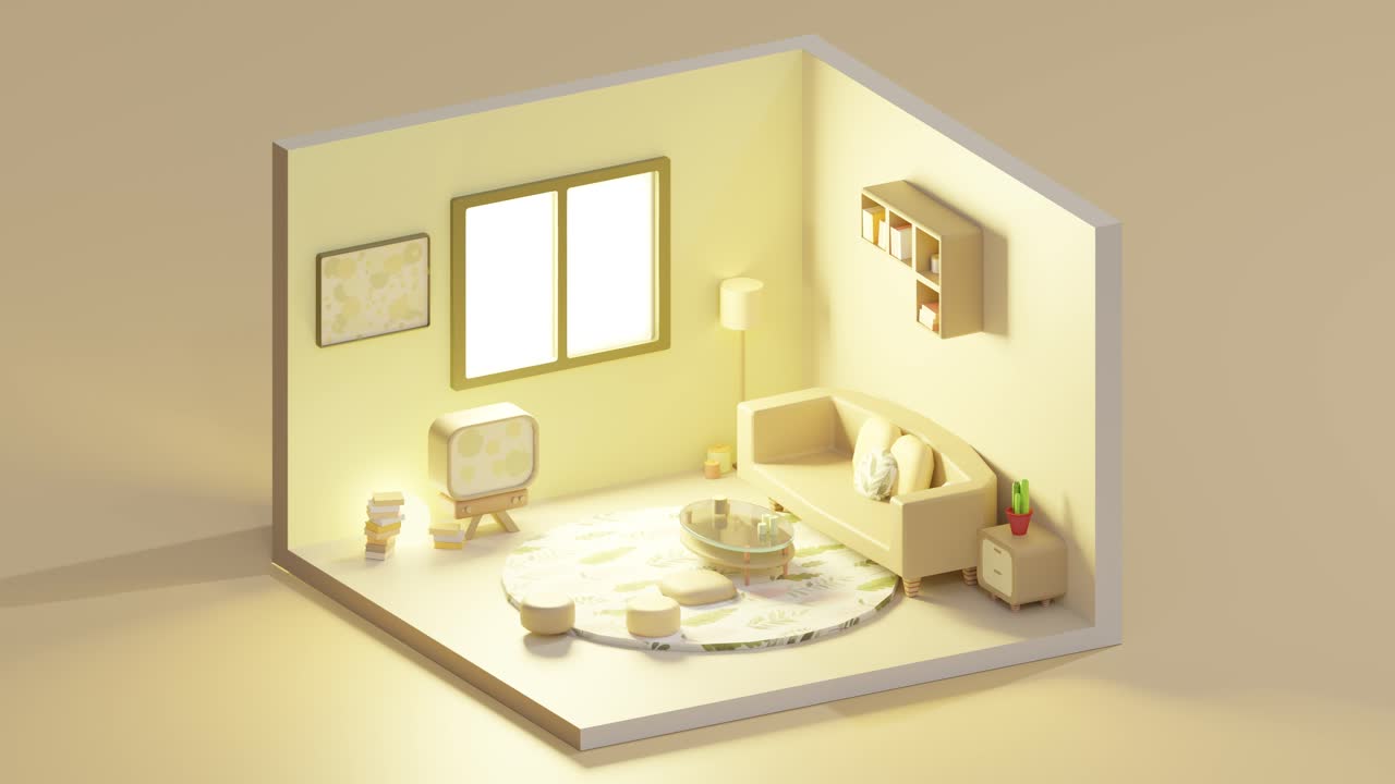 3D animation loop of light living room low poly, isometric view