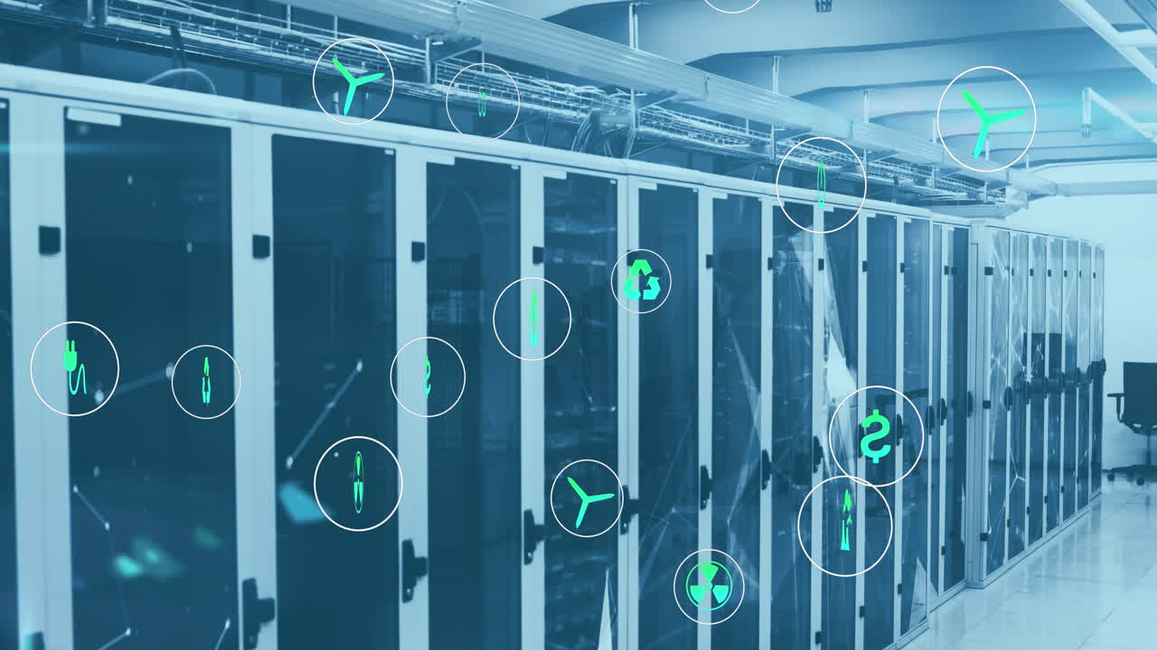 Animation of icon in circles over connected dots against server room in background