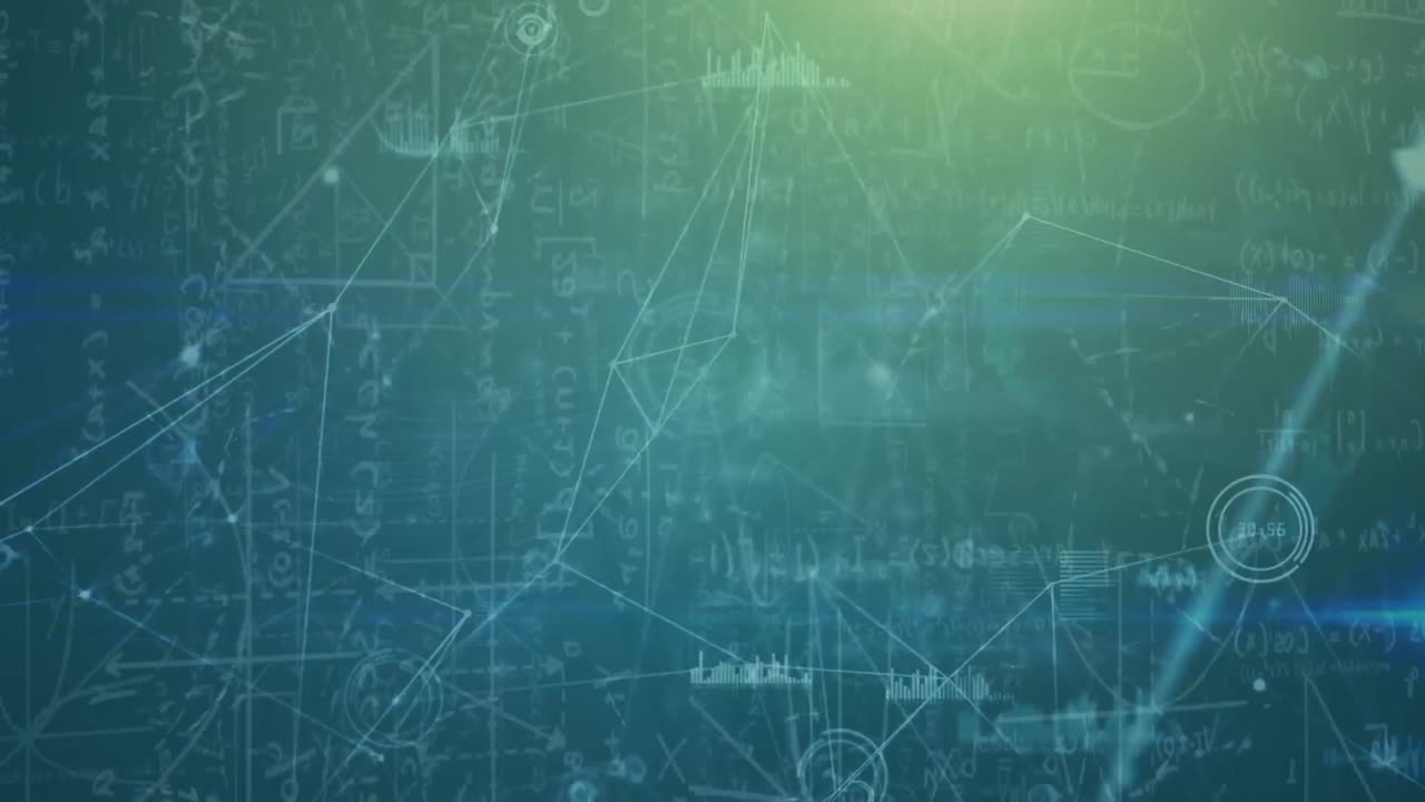 animación de puntos conectados, iconos de gráficos, círculos de carga sobre ecuaciones matemáticas y diagramas