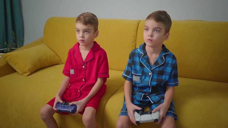 Twin Boys Playing Video Games on Yellow Sofa