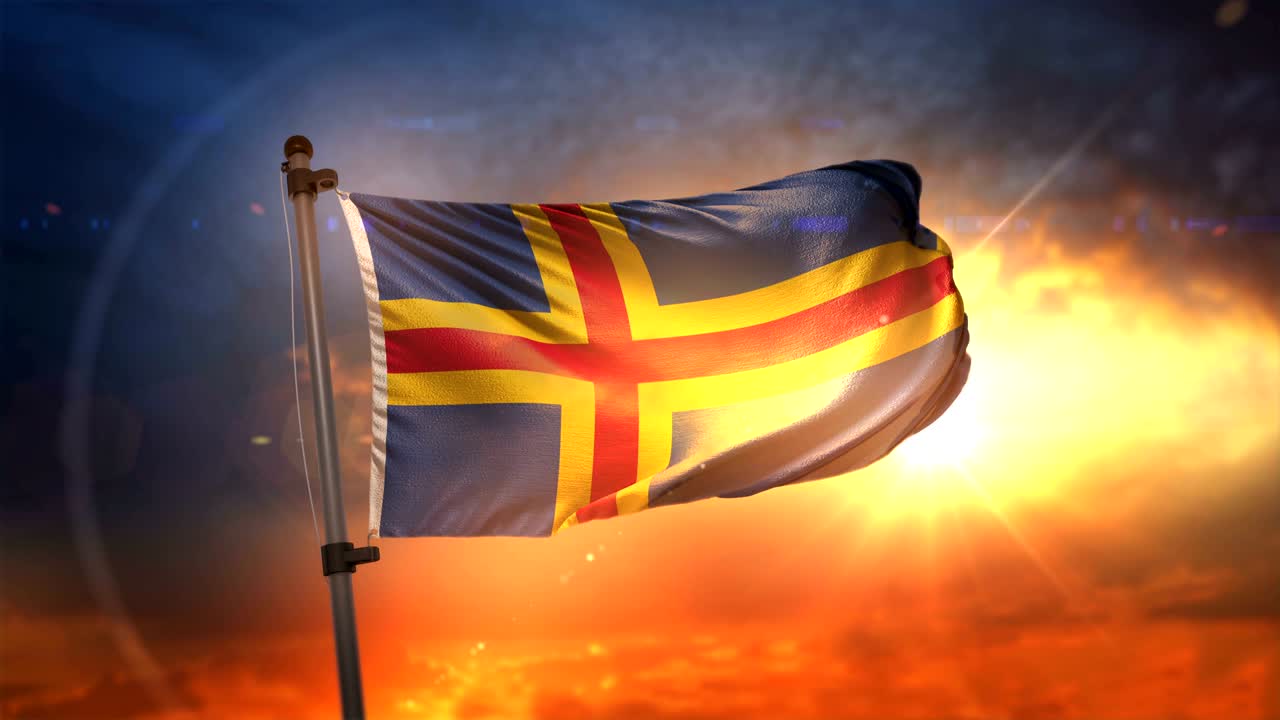 флаг аландских островов в заднем свете на красивом восходе солнца в замедленном движении 4k