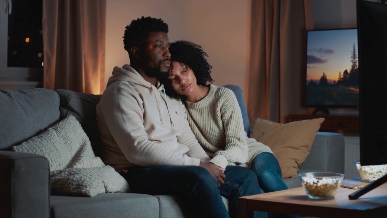 Settling couple watching television in living room at night, screen light turning on, with popcorn