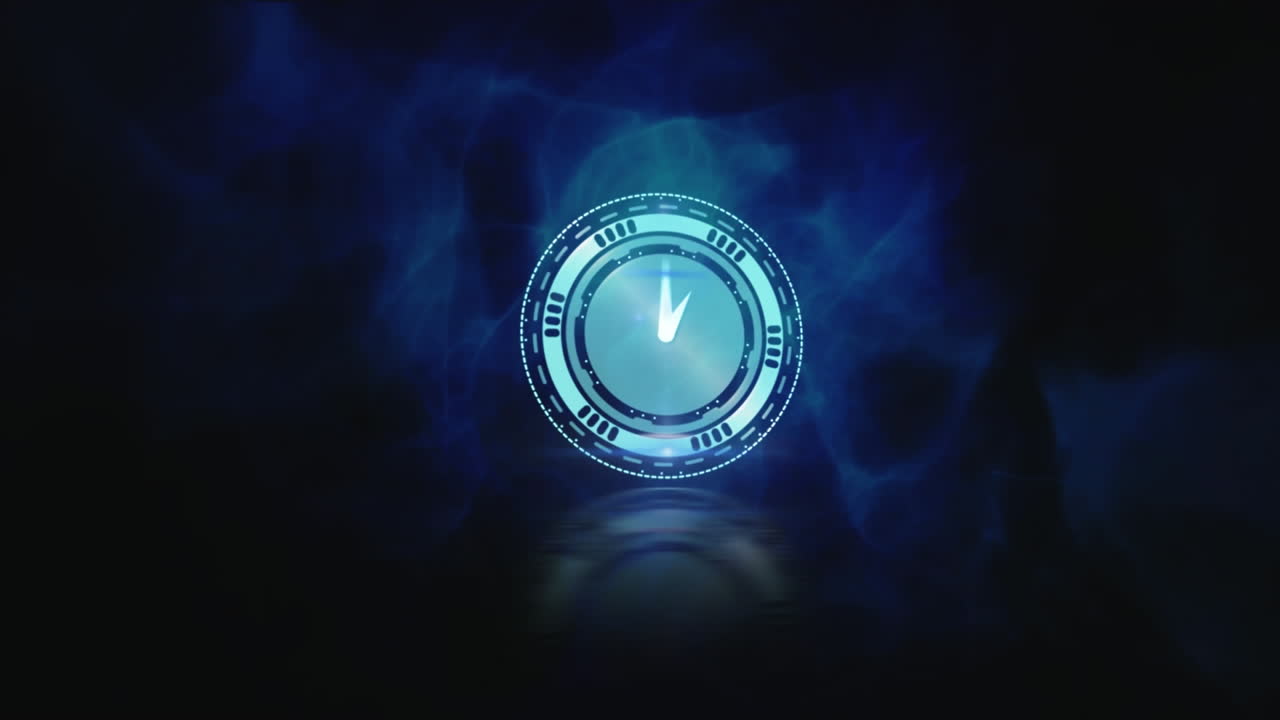 Animation of clock over blue waves on dark background