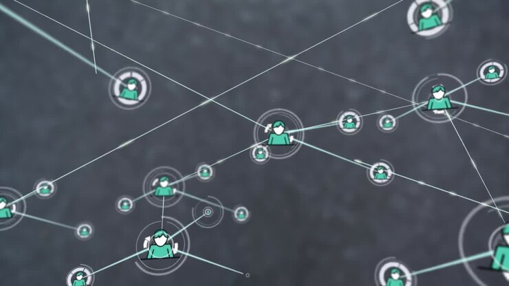 Animation af menneskeikoner, der dukker op og bevæger sig, og som repræsenterer global netværksdannelse.