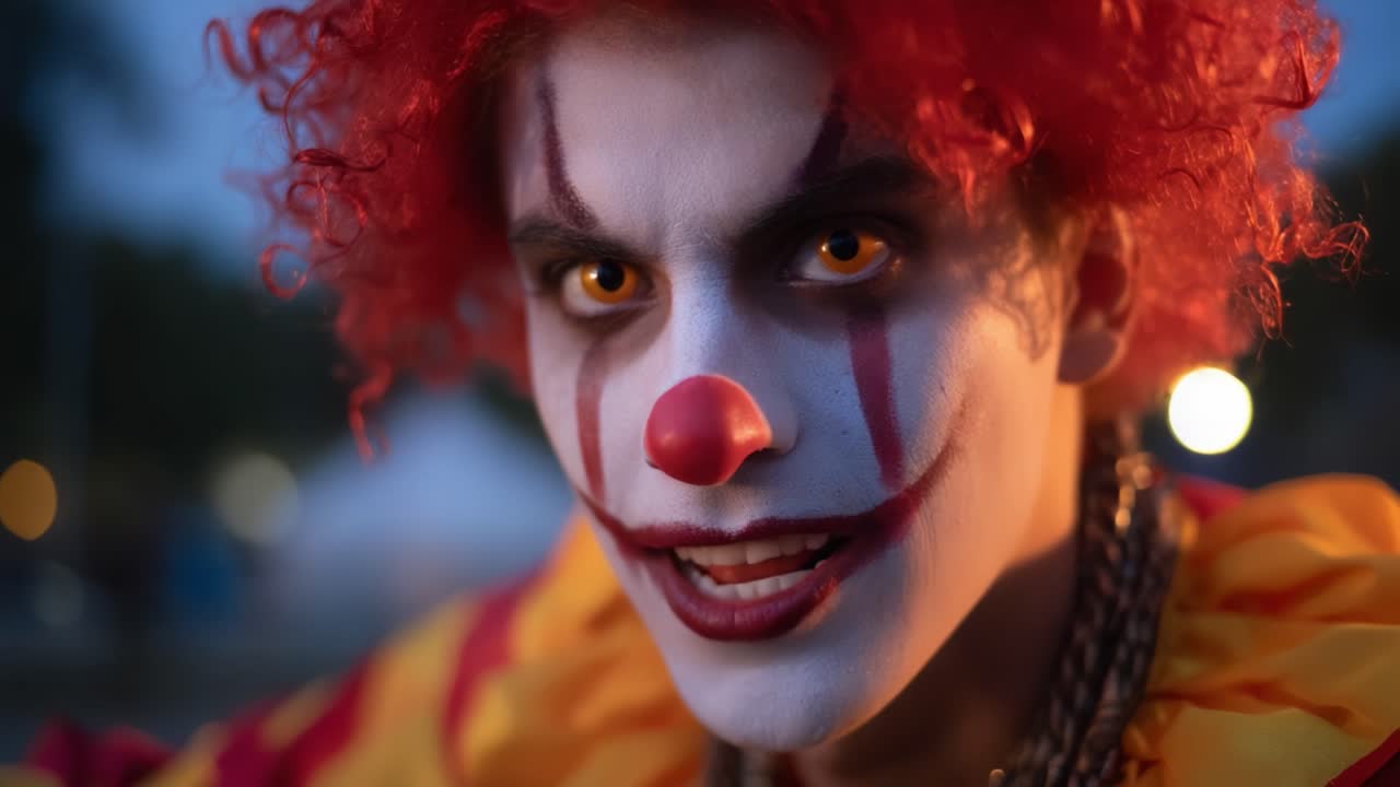 A Close-up Portrait of a Colorful Clown with Curly Red Hair, White Face Paint, and Distinctive Red Nose, Capturing the Mysterious Essence of Clown Performance Art
