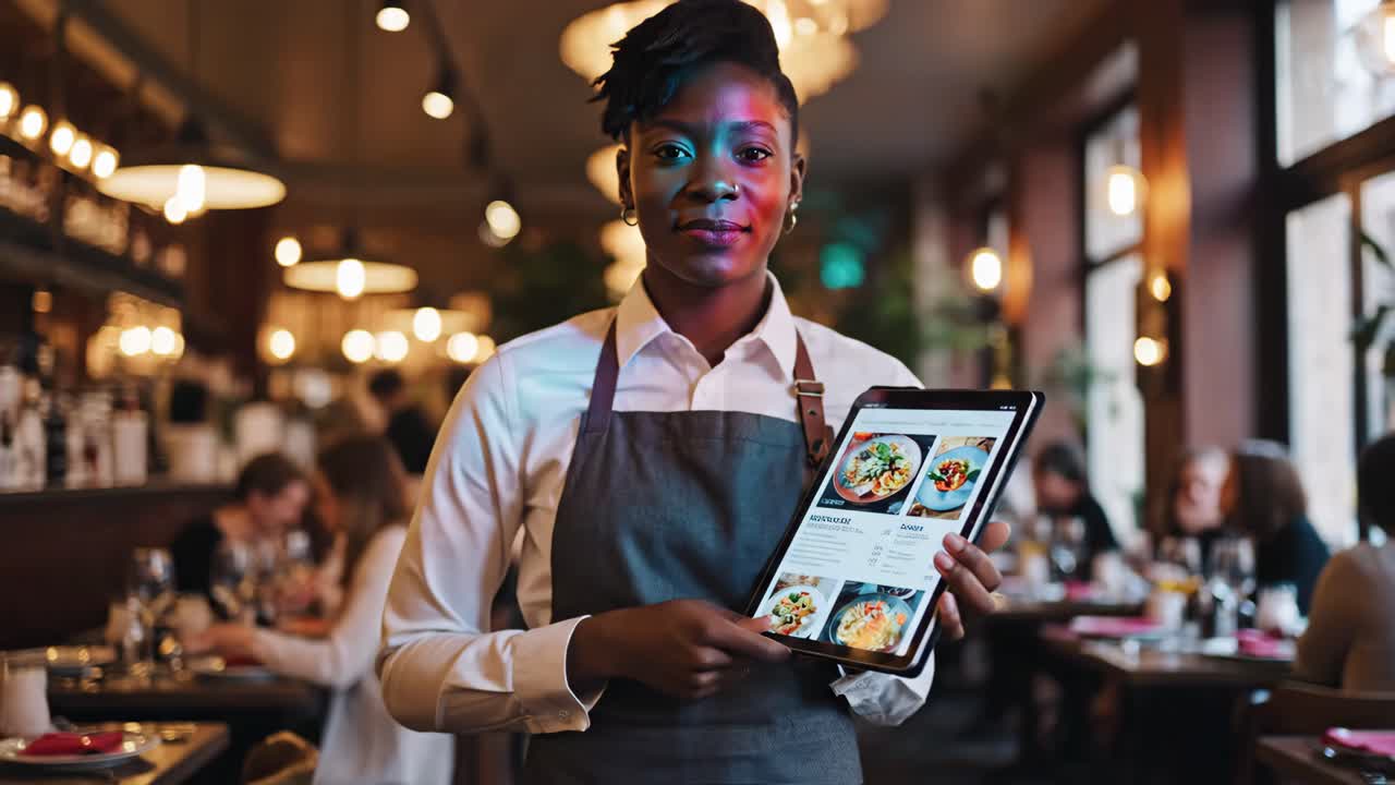 Waitress showing menu on tablet in restaurant