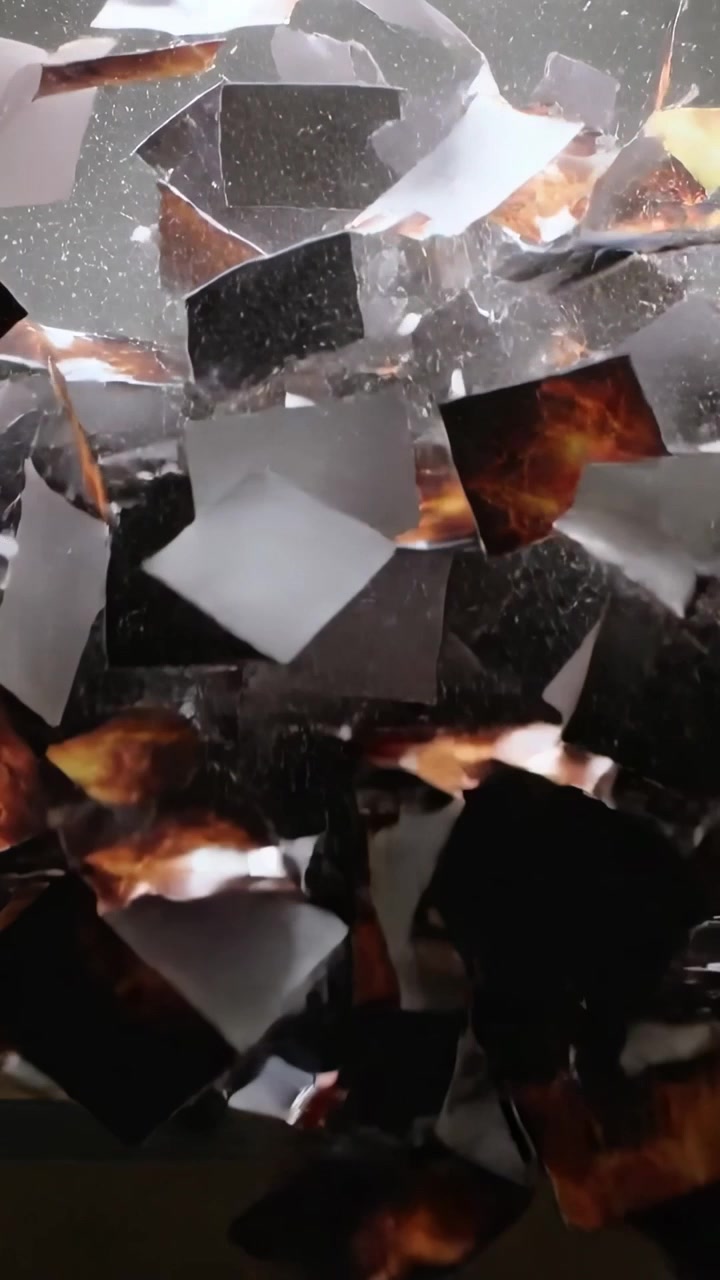Video verticale: Raffica d'aria che solleva un mucchio di carte, facendole cadere sul tavolo e mostrando una stampa a fiamma arancione.