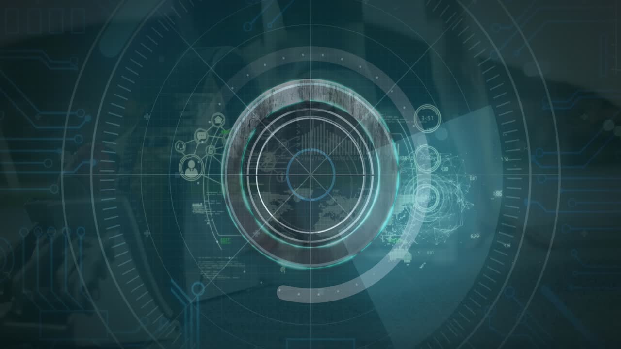 circular HUD obscuring seated man rings fading or rotating pulsing reticle map appearing for tech sc