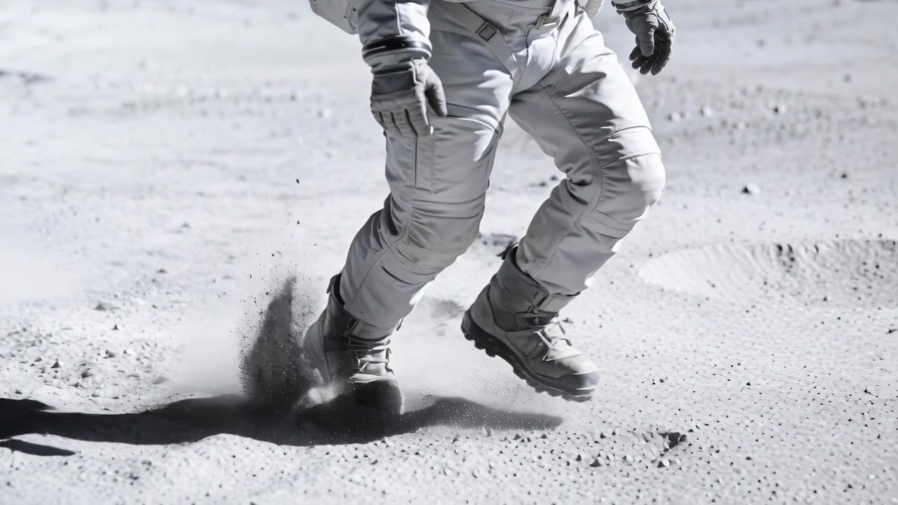 Lifting foot, astronaut's legs in white suit traversing lunar plain, sending dust plumes with boots