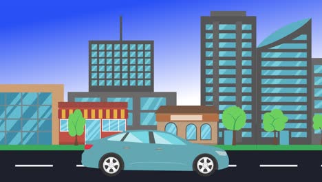 viajes en coche por la ciudad vista lateral, animación en bucle, fondo de diseño plano