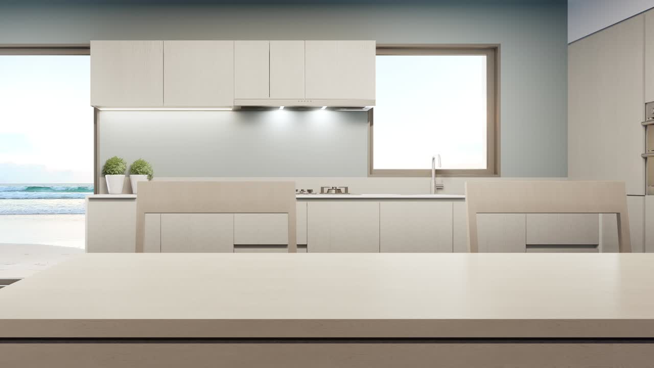 Big glass window near counter and cabinet of modern sea view kitchen in luxury summer beach house.