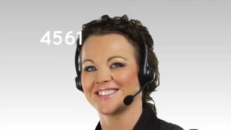 animación de números elevados sobre una mujer de negocios con auriculares