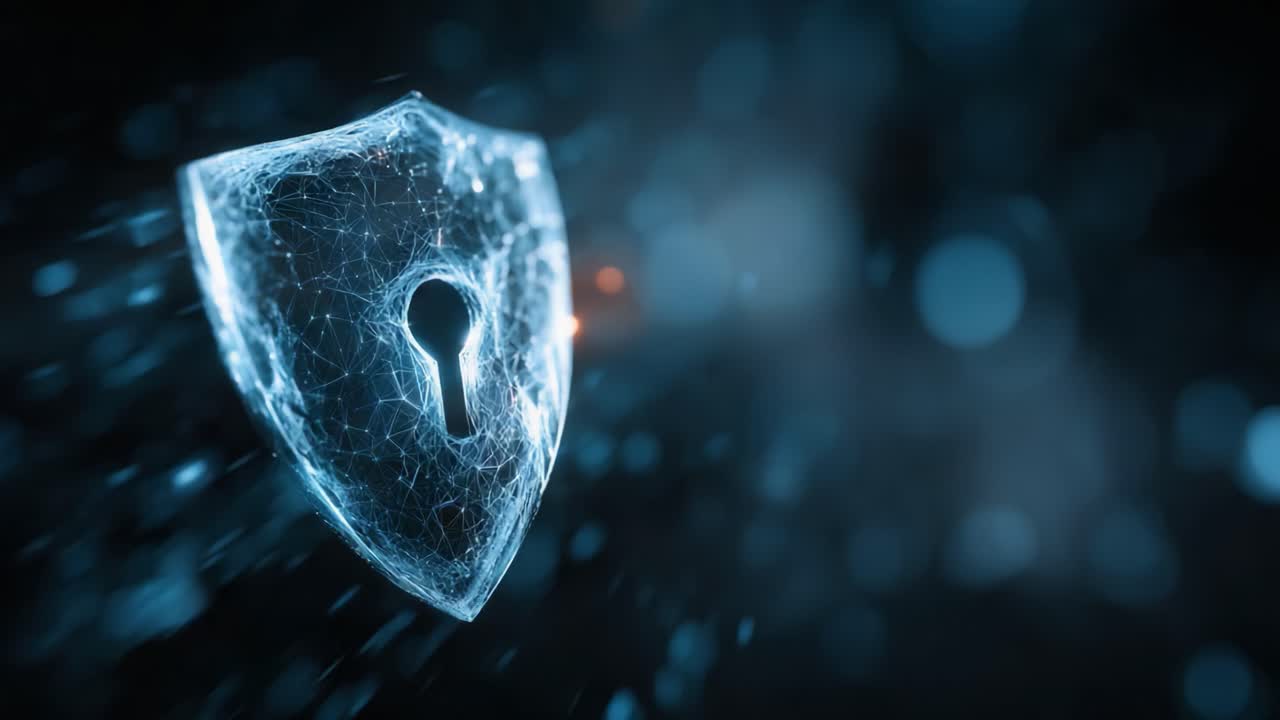 A High-Tech Shield Symbolizing Digital Security and Protection Against Cyber Threats in a Futuristic Context of Data Integrity and Privacy
