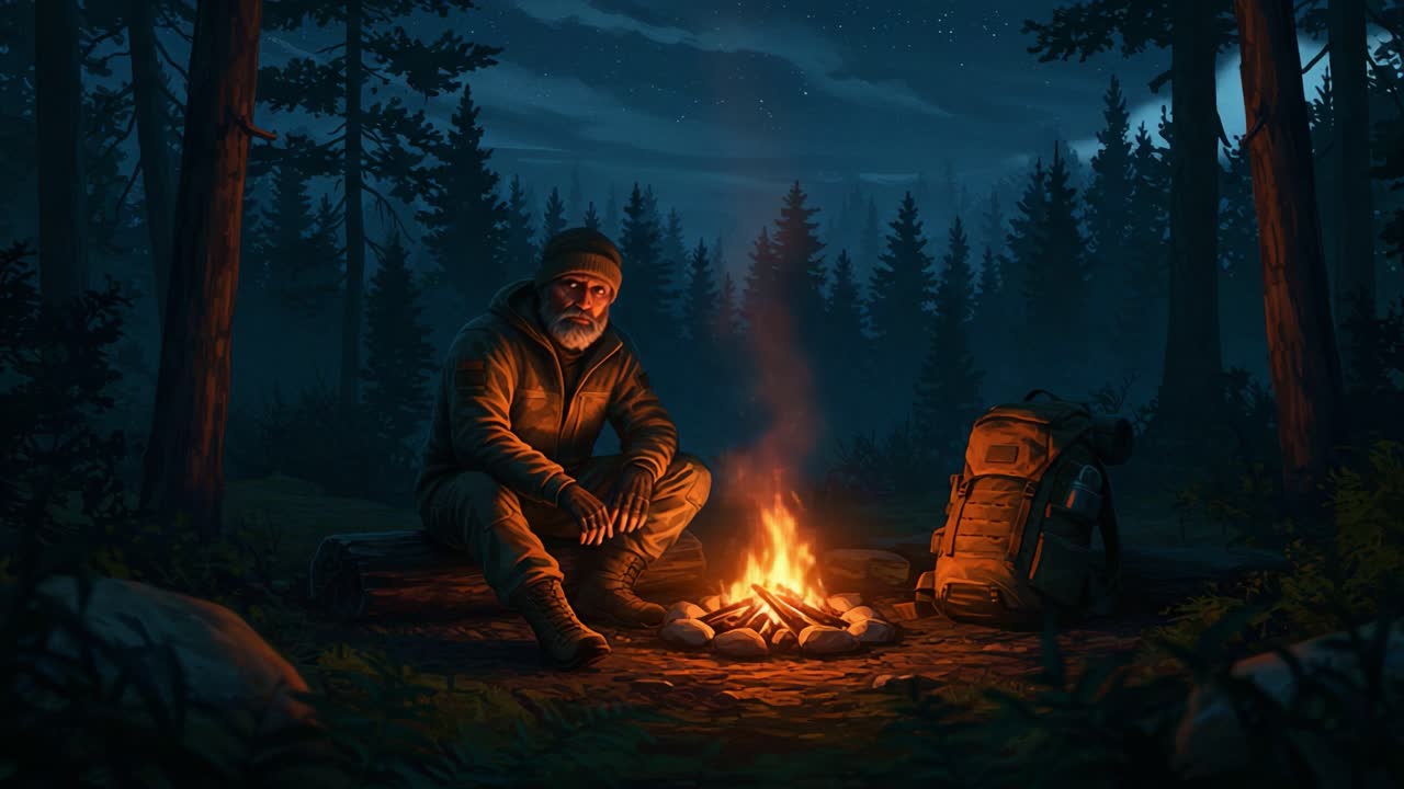 In the calm stillness of night, a solitary figure sits by a flickering campfire, reflecting amidst towering trees and the soothing sounds of nature, lost in thought