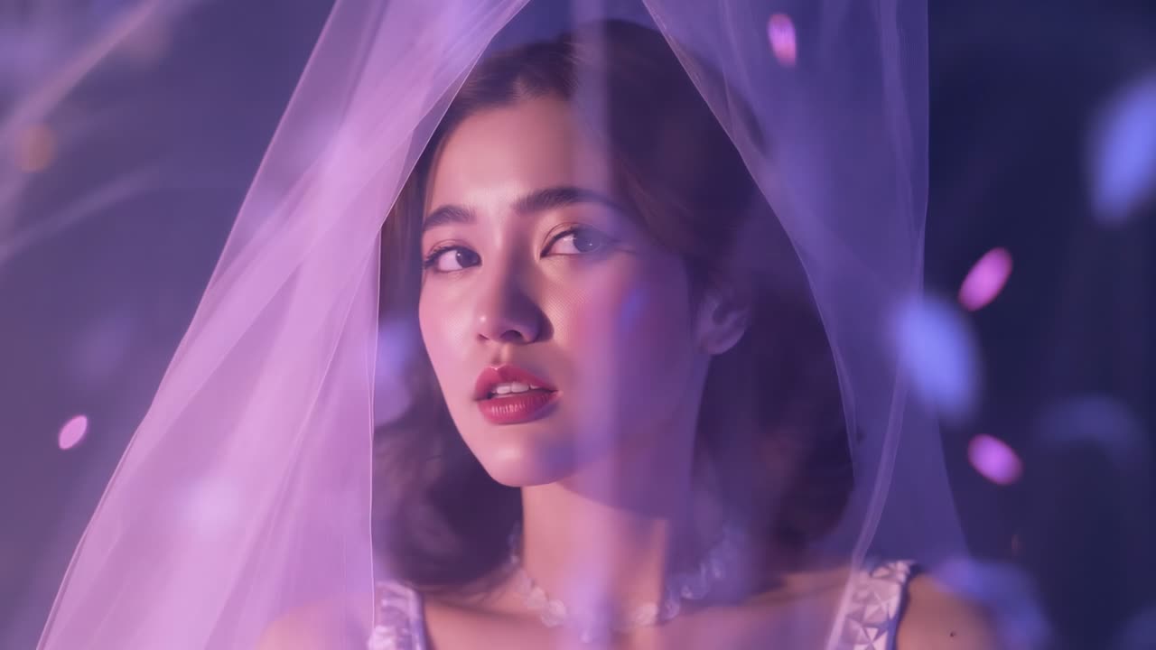 Drifting confetti inspiring model turning head toward right in studio with veil, colored lights