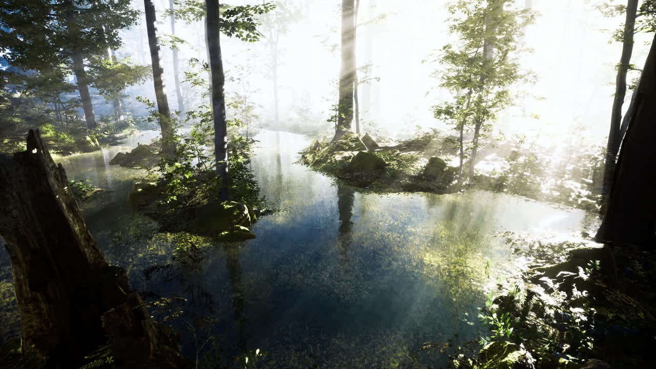 Mysterious forest with shimmering water and soft light filtering through trees