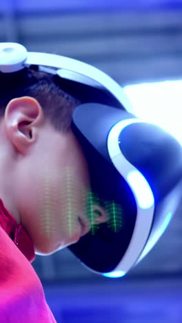 young individual wearing virtual reality headset is immersed in digital experience, showcasing advanced technology and modern gaming environment with vibrant colors