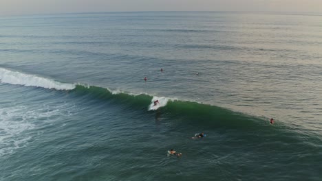 Aerial:-surfer-catching-big-breaking-wave-with-other-surfers-paddling-beside
