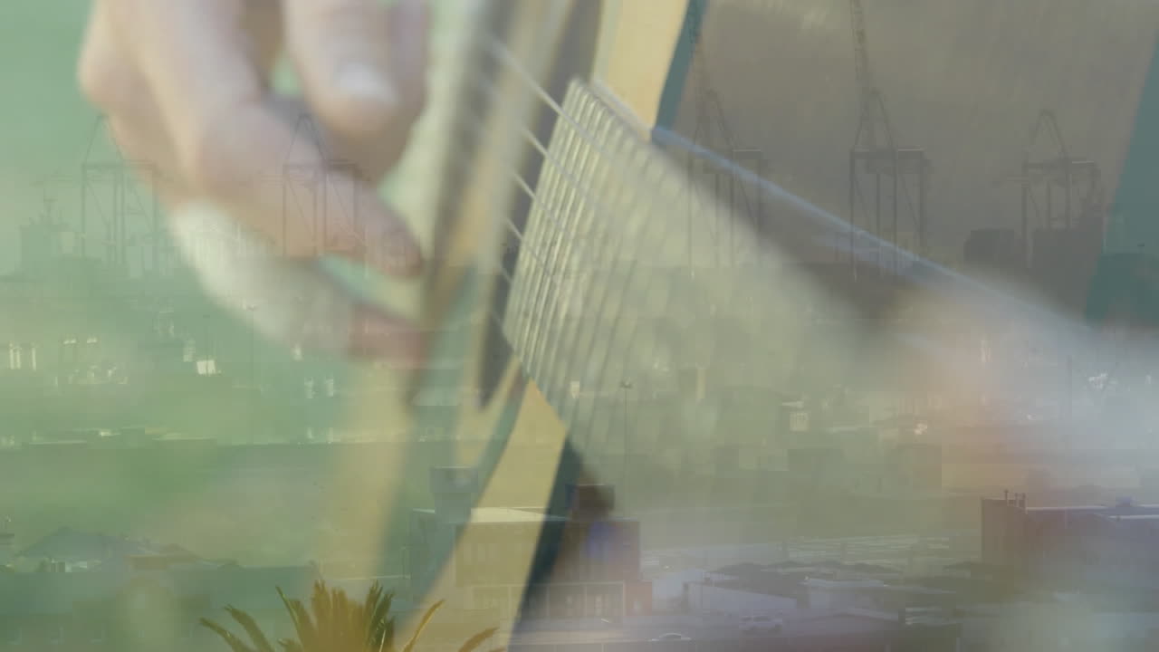 Man playing acoustic guitar on rooftop, overlaying animated technology data bars on industrial port