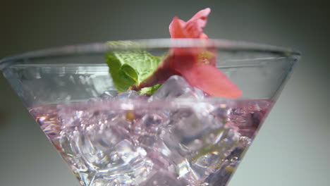 decoración de cócteles con una flor roja, cubos de hielo están rodeados de soda.