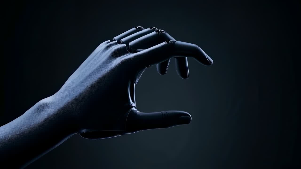 Entering single dark matte gloved hand, rotating and opening at studio set showing metallic joints