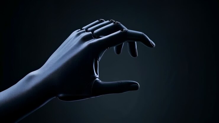 Entering single dark matte gloved hand, rotating and opening at studio set showing metallic joints