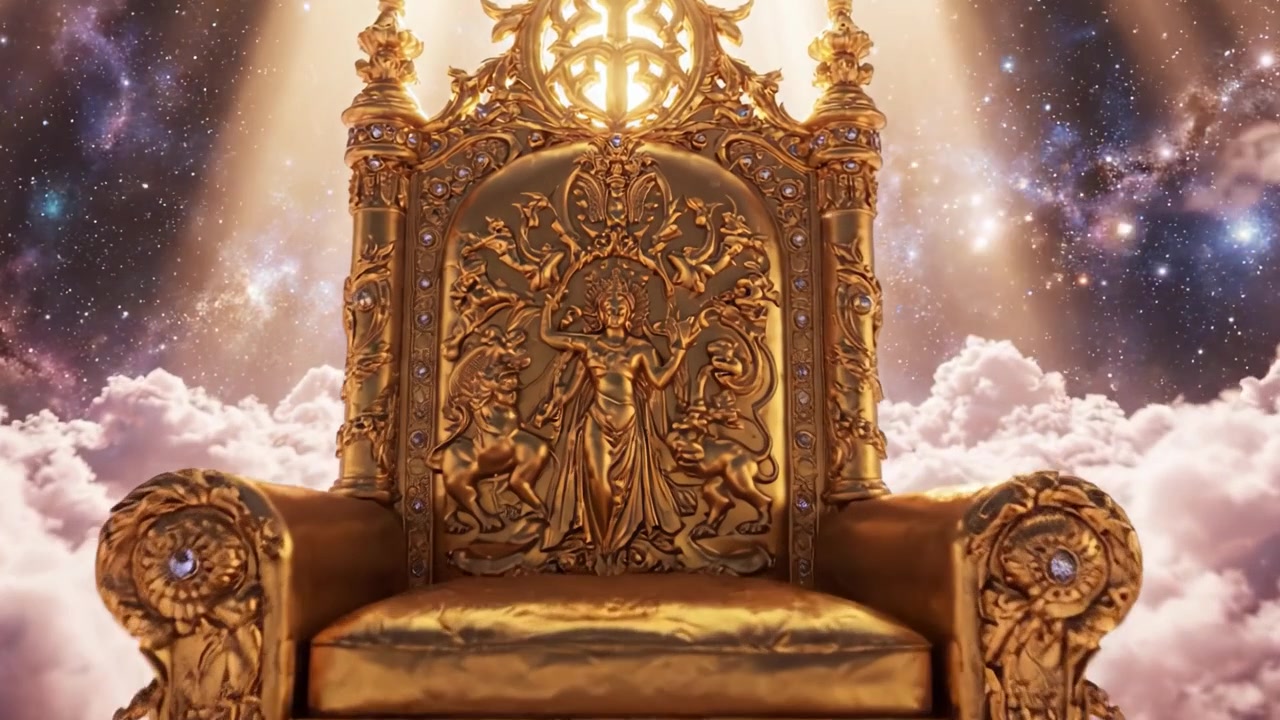 Majestätischer goldener Thron, umgeben von himmlischen Wolken und strahlendem Licht, der Autorität, Macht und Göttlichkeit in einem mystischen Reich des Wunders symbolisiert.