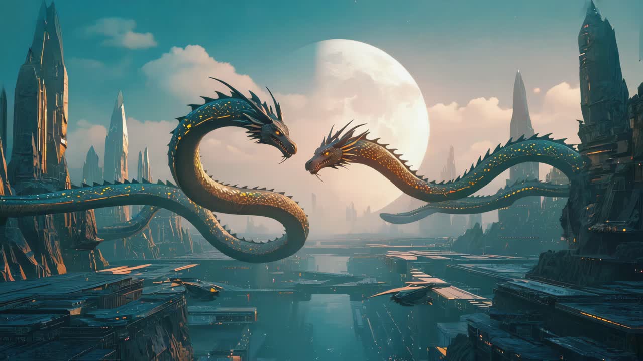 Dragons over a Futuristic City under the Moonlight