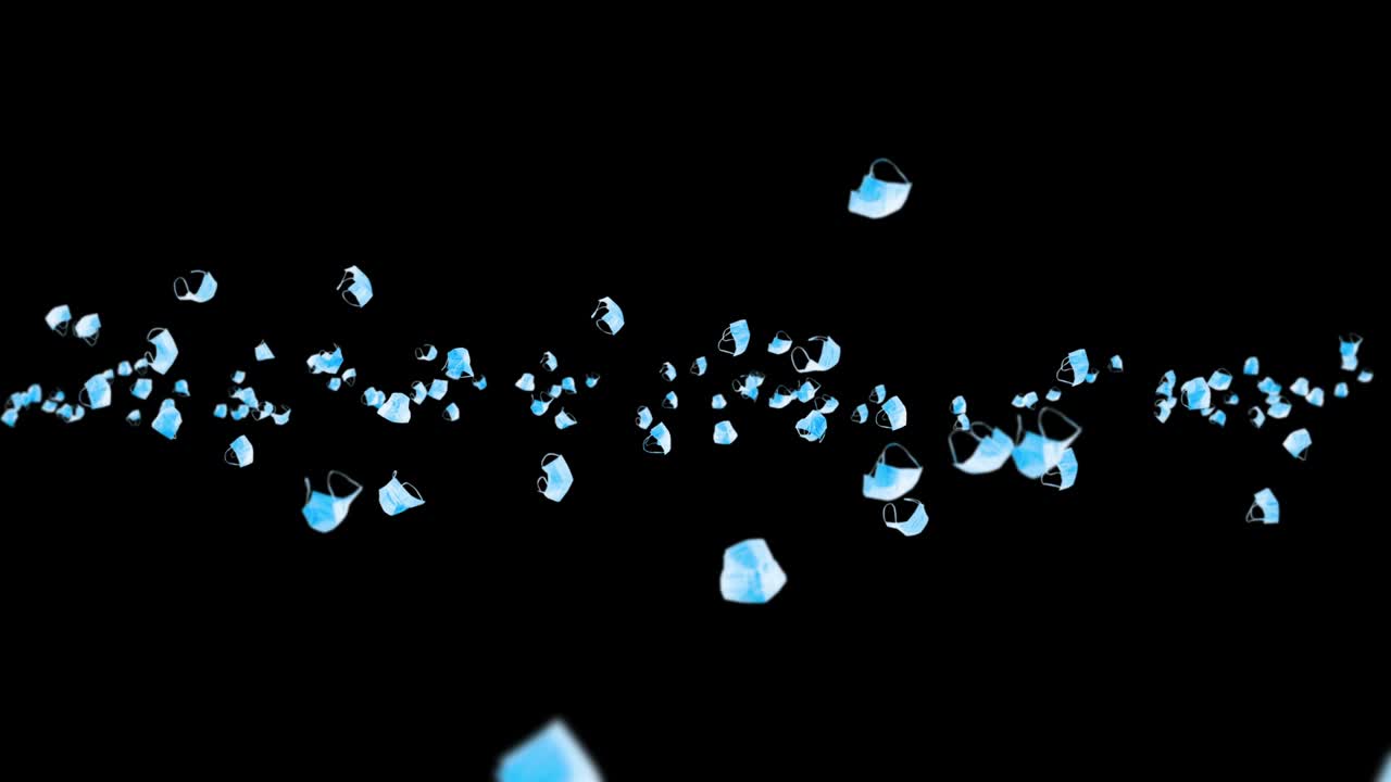 검은 바탕에 많은 파란 마스크를 날아. 의료 개념. 수술 보호 마스크. 마스크 회전의 3d 애니메이션. 루프 애니메이션.