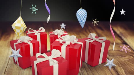animation of party streamers and christmas presents and decorations
