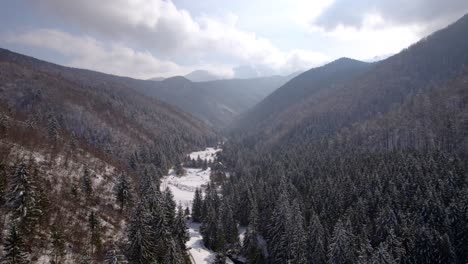 a scenic winter valley in romania, blanketed in snow and framed by surrounding mountains