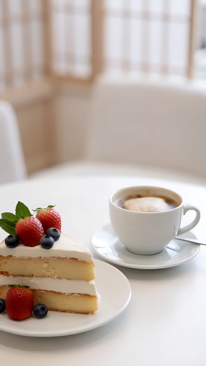 Pastel y café en un café estético con ambiente acogedor 4K