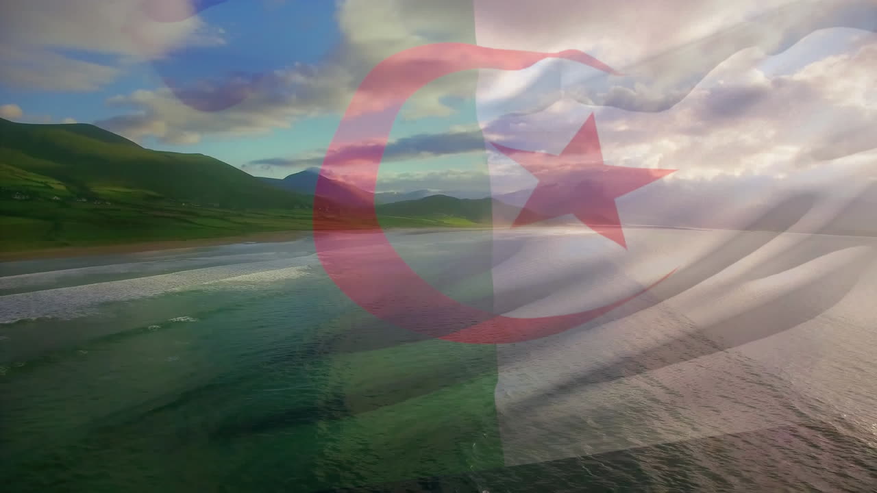composición digital de la bandera de argelia ondeando contra la vista aérea de las olas en el mar