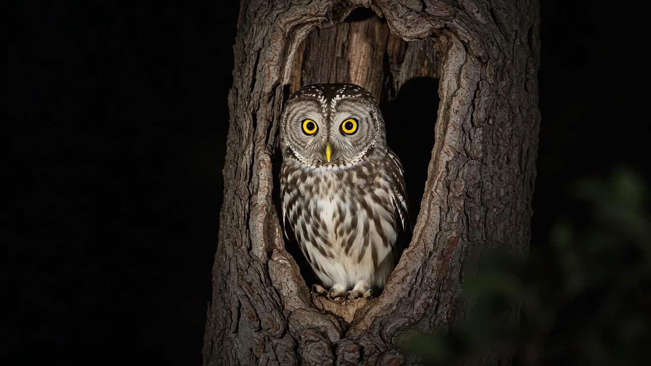 A Majestic Owl Perched in a Tree Hollow, Capturing the Mystique of the Night with Striking Yellow Eyes and Intricate Feather Patterns