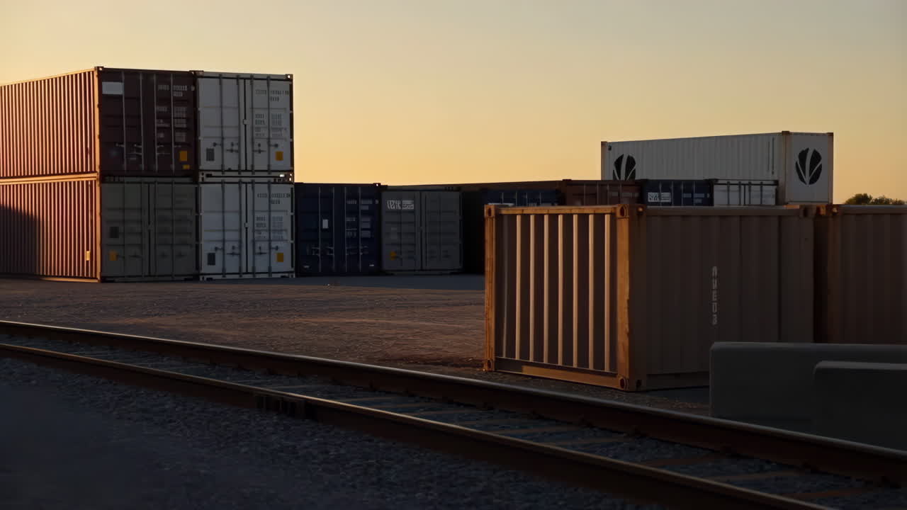 Shipping Containers and Railroad Tracks at Sunset