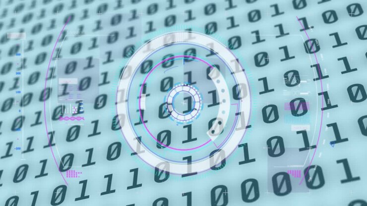 Animazione di scansione e codice binario mutevole su sfondo bianco