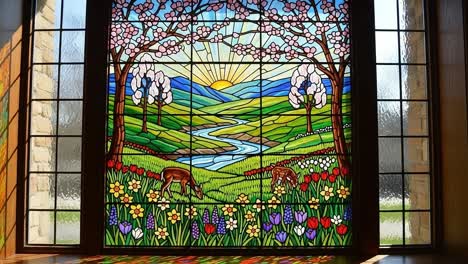 beautiful stained glass window depicting a serene landscape with deer, flowing river, and lush blooming flowers under a vibrant sky