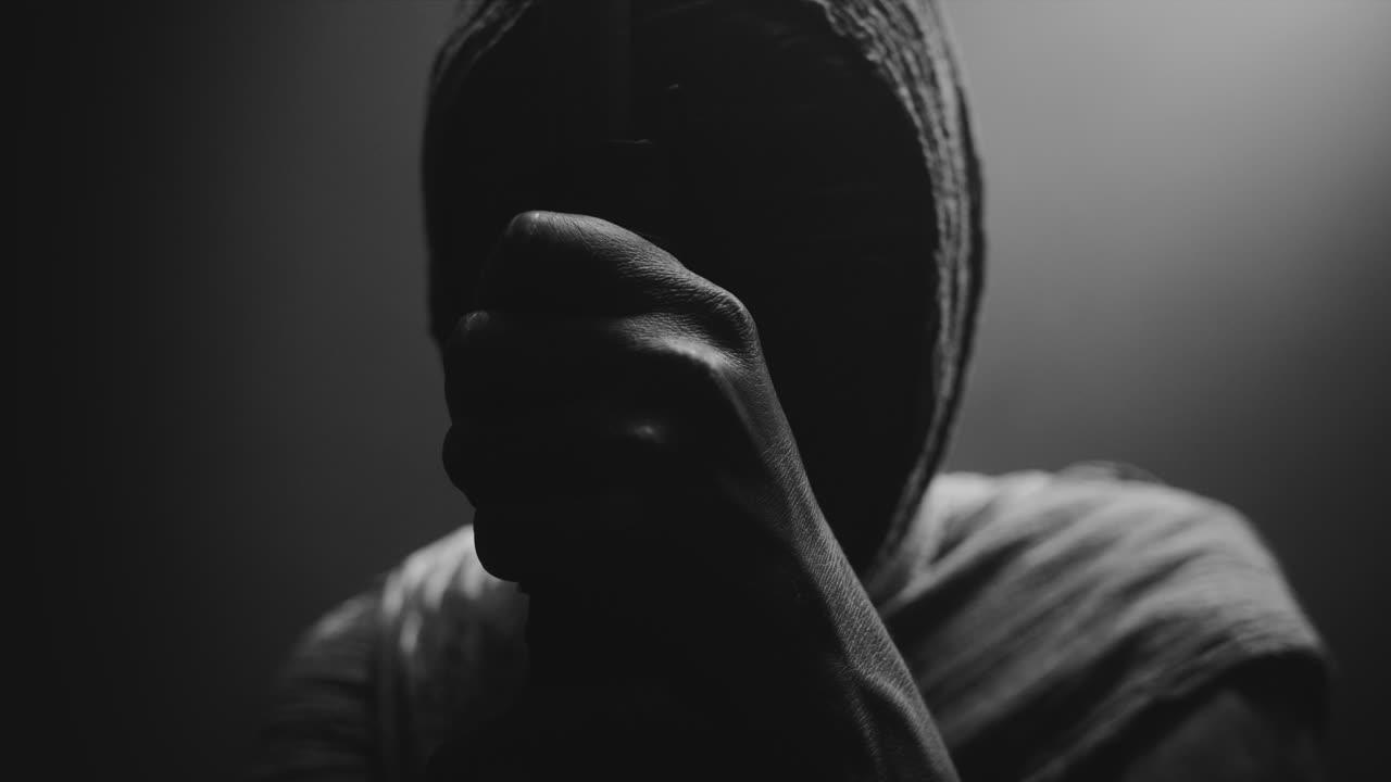 A mummified woman against the dark background pose with the walking staff