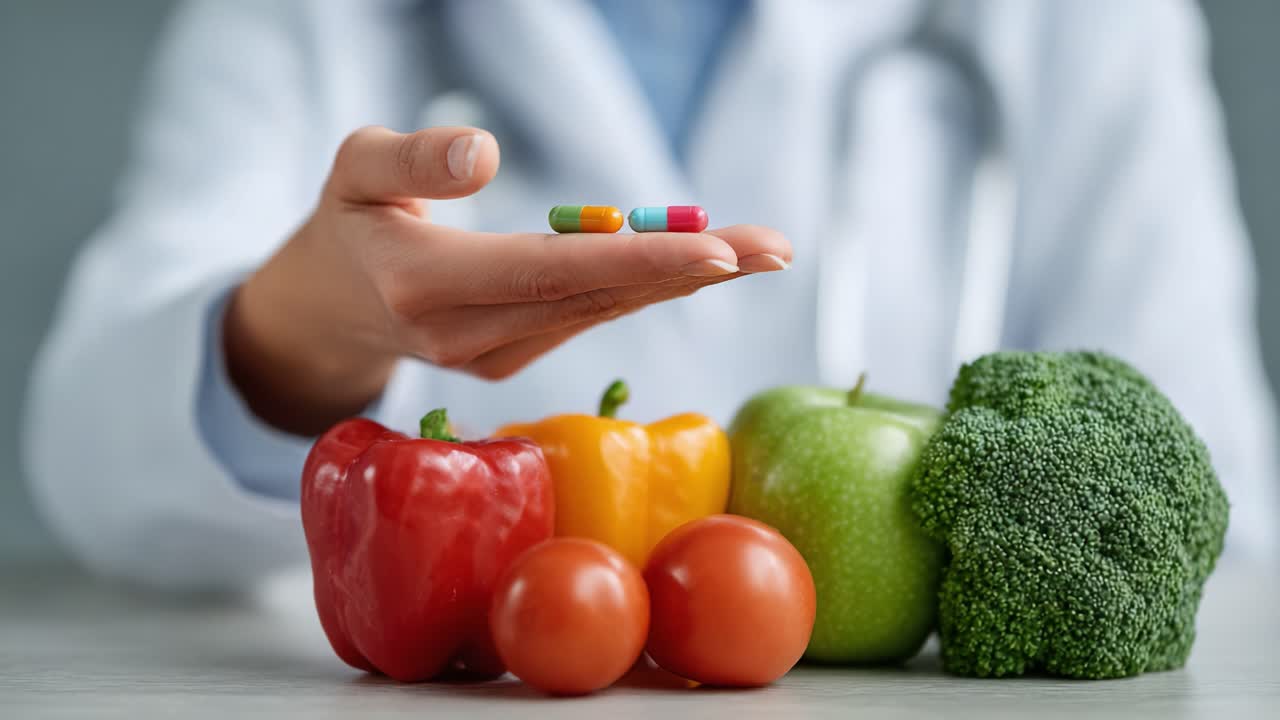 Un sostenitore della salute che tiene in mano integratori alimentari e verdure fresche, sottolineando l'importanza della nutrizione nel benessere generale e nelle scelte di vita sana