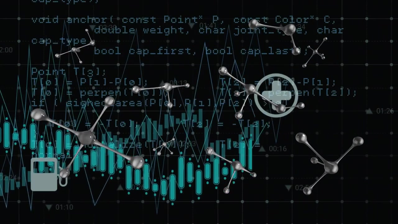 Animation of molecular structures and digital icons over data processing against black background