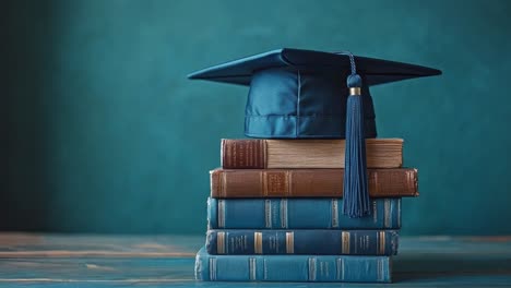 stack of books with graduation cap