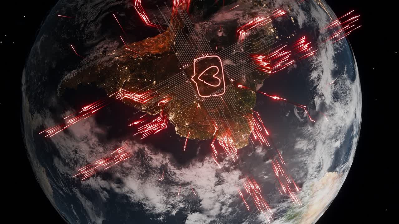 Planet Earth showing South America with heart icon in chat bubble and red digital network lines. Social media interaction and global communication concept for poster and wallpaper. vertical