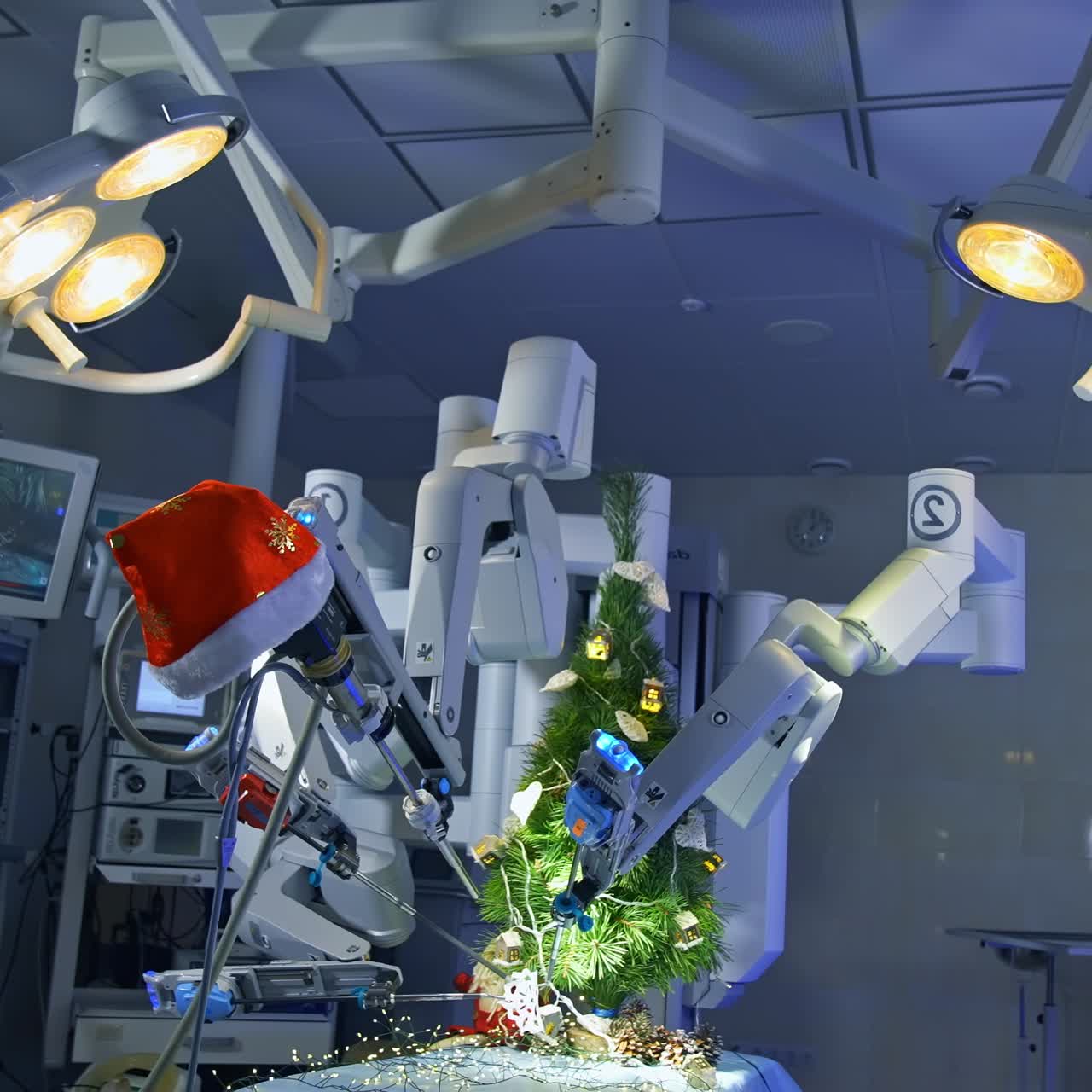 Hi-tech machine for surgical operations makes precise moves to decorate Christmas tree. Futuristic equipment perform delicate work. Robotic machine in the operation room