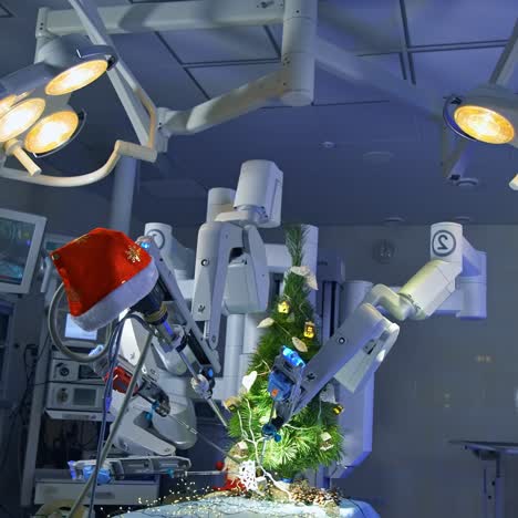 hi-tech machine for surgical operations makes precise moves to decorate christmas tree. futuristic equipment perform delicate work. robotic machine in the operation room