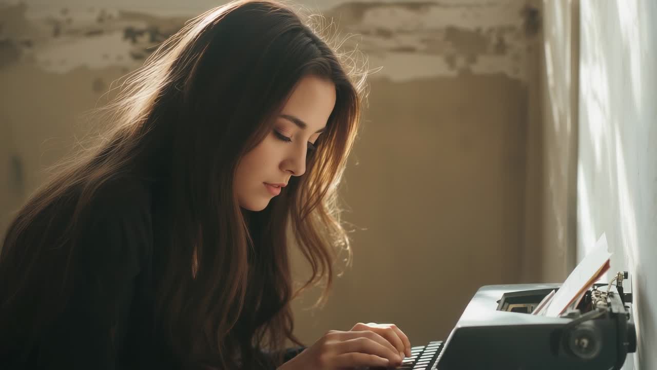 Typing woman in dark sweater at desk by window pausing, soft light drawing gaze with typewriter